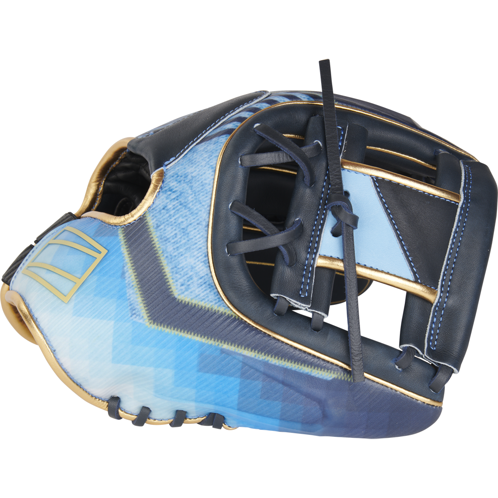 The Rawlings REV1X 11.5" Baseball Glove (RREV204-2XNG) features a striking blue, black, and gold geometric design with black laces. This innovative 3D-printed glove is perfect for infielders and stands out against a plain white background.