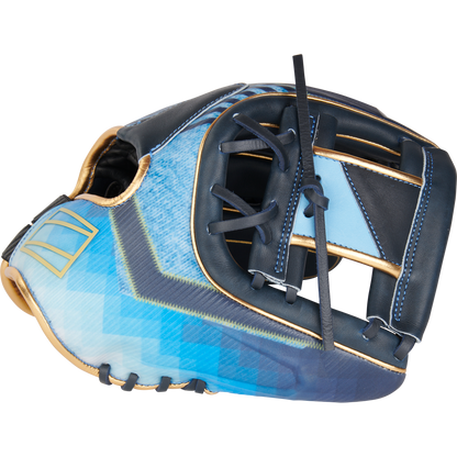 The Rawlings REV1X 11.5" Baseball Glove (RREV204-2XNG) features a striking blue, black, and gold geometric design with black laces. This innovative 3D-printed glove is perfect for infielders and stands out against a plain white background.