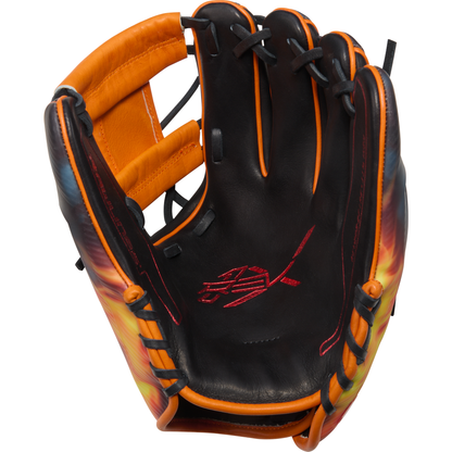 The Rawlings REV1X 11.75" Baseball Glove (REV205-2BO) features a black and orange design with yellow, red, and blue edge accents, shown open to display detailed palm lacing and stitching.