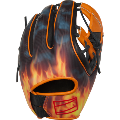 The Rawlings REV1X 11.75" Baseball Glove (REV205-2BO) boasts a black, orange, and blue flame design with orange lacing and a black adjustable strap—ideal for infield players seeking standout performance and style.