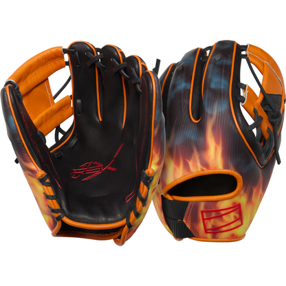 Two Rawlings REV1X 11.75" baseball gloves (REV205-2BO) with black and orange leather, bold flame pattern, and red stitching are shown side by side, displaying both the palm and back sides.
