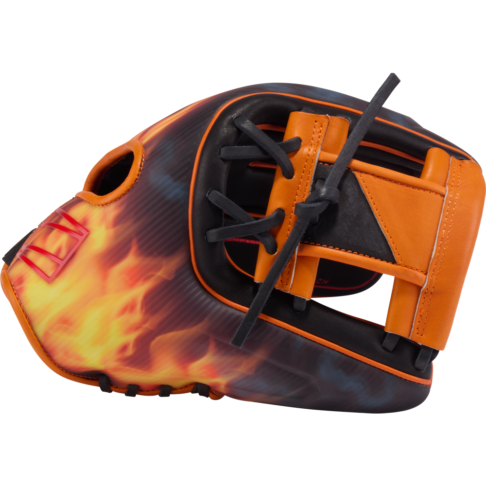 The Rawlings REV1X 11.75" Baseball Glove (REV205-2BO) features a bold orange and black design with realistic flame graphics on the outer side and black laces on the webbing.