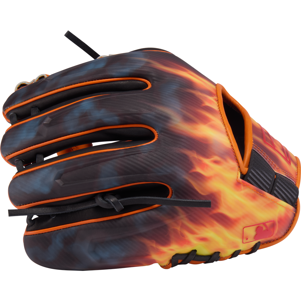 The Rawlings REV1X 11.75" Baseball Glove (REV205-2BO) showcases vivid orange, yellow, and blue flames across its surface, accented with orange trim and black laces.