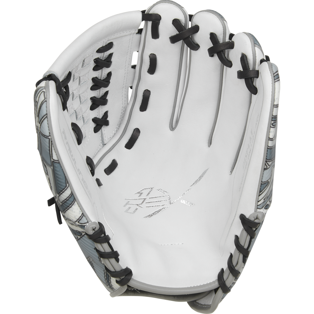 A close-up of an open Rawlings REV1X 12.25" Fastpitch Softball Glove (RREV207SB-18W) shows its white palm, black laces, and patterned gray and white exterior.