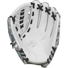 A close-up of an open Rawlings REV1X 12.25" Fastpitch Softball Glove (RREV207SB-18W) shows its white palm, black laces, and patterned gray and white exterior.