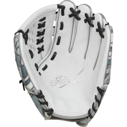 A close-up of an open Rawlings REV1X 12.25" Fastpitch Softball Glove (RREV207SB-18W) shows its white palm, black laces, and patterned gray and white exterior.