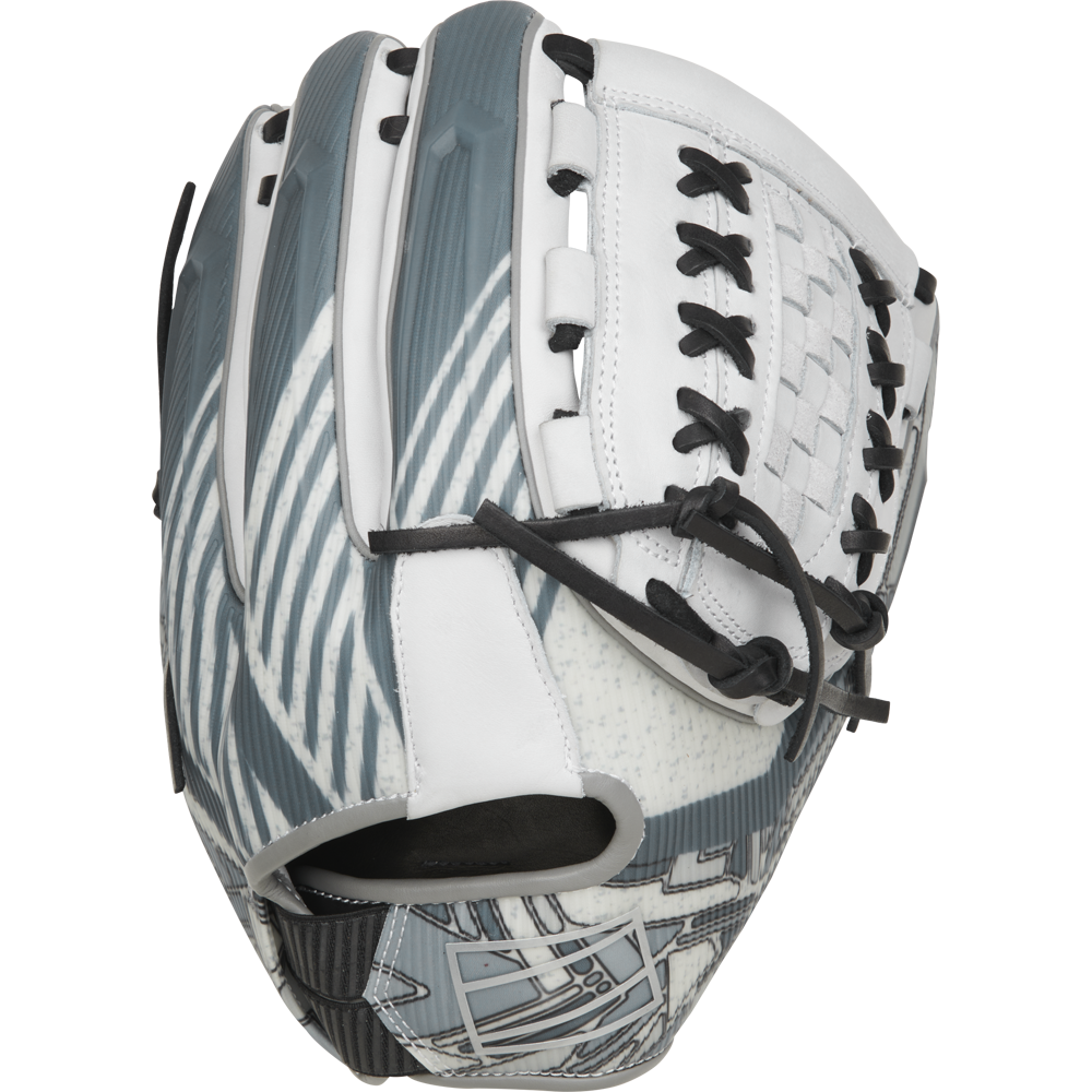 The Rawlings REV1X 12.25" Fastpitch Softball Glove (RREV207SB-18W) features a gray, white, and black geometric pattern with black laces and a woven web design, offering a modern, stylish look with angular lines across the surface.