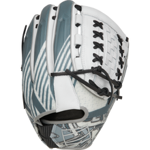 The Rawlings REV1X 12.25" Fastpitch Softball Glove (RREV207SB-18W) features a gray, white, and black geometric pattern with black laces and a woven web design, offering a modern, stylish look with angular lines across the surface.