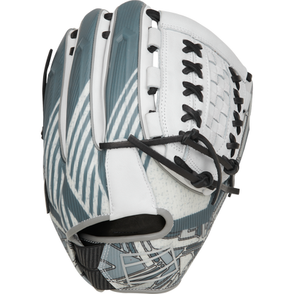 The Rawlings REV1X 12.25" Fastpitch Softball Glove (RREV207SB-18W) features a gray, white, and black geometric pattern with black laces and a woven web design, offering a modern, stylish look with angular lines across the surface.