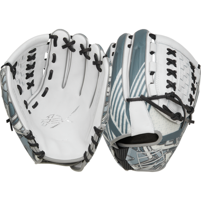 The Rawlings REV1X 12.25" Fastpitch Softball Glove (RREV207SB-18W) pairs white and gray with black laces, features geometric patterns and open webbing, and offers a modern Heart of the Hide-inspired design.