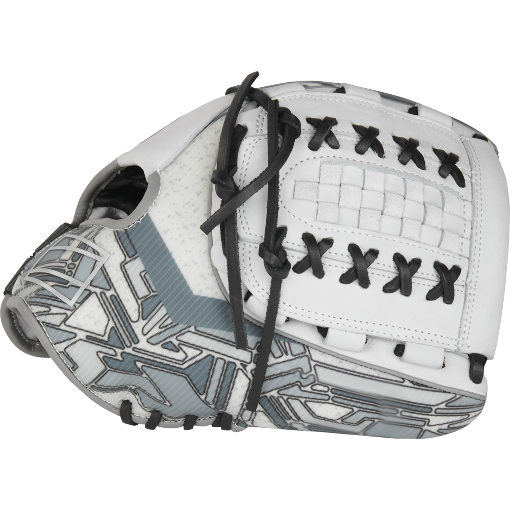 The Rawlings REV1X 12.25" Fastpitch Softball Glove (RREV207SB-18W) features a white and gray design with black lacing and geometric patterns on the outer surface, shown from the side against a plain background.