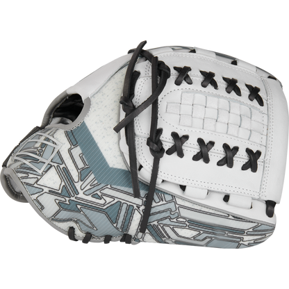 The Rawlings REV1X 12.25" Fastpitch Softball Glove (RREV207SB-18W) features a white and gray design with black lacing and geometric patterns on the outer surface, shown from the side against a plain background.