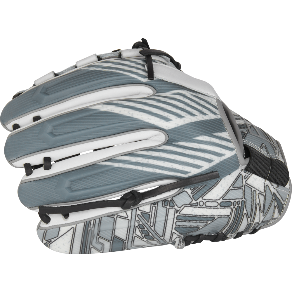 The Rawlings REV1X 12.25" Fastpitch Softball Glove (RREV207SB-18W) features a gray and white design with black laces and a geometric, futuristic pattern. Shown from the side, the glove’s fingers are closed with the palm facing away.
