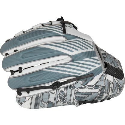 The Rawlings REV1X 12.25" Fastpitch Softball Glove (RREV207SB-18W) features a gray and white design with black laces and a geometric, futuristic pattern. Shown from the side, the glove’s fingers are closed with the palm facing away.