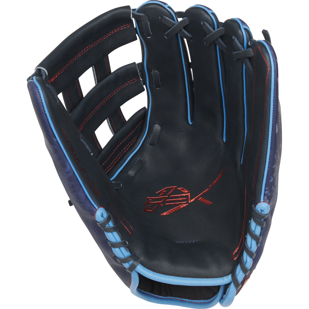 The Rawlings REV1X 12.75" Baseball Glove (RREV3039-6N) features a dark blue design with light blue laces, red stitching, and a visible logo in the palm area when displayed open.