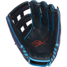 The Rawlings REV1X 12.75" Baseball Glove (RREV3039-6N) features a dark blue design with light blue laces, red stitching, and a visible logo in the palm area when displayed open.