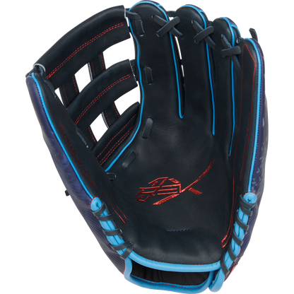 The Rawlings REV1X 12.75" Baseball Glove (RREV3039-6N) features a dark blue design with light blue laces, red stitching, and a visible logo in the palm area when displayed open.