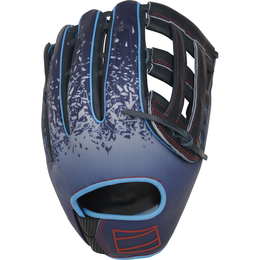 The Rawlings REV1X 12.75" Baseball Glove (RREV3039-6N) features blue with light blue trim, red stitching, and a black and light blue geometric pattern, displayed against a white background.