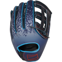 The Rawlings REV1X 12.75" Baseball Glove (RREV3039-6N) features blue with light blue trim, red stitching, and a black and light blue geometric pattern, displayed against a white background.