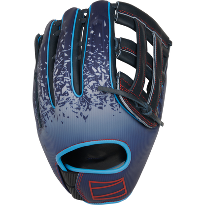 The Rawlings REV1X 12.75" Baseball Glove (RREV3039-6N) features blue with light blue trim, red stitching, and a black and light blue geometric pattern, displayed against a white background.