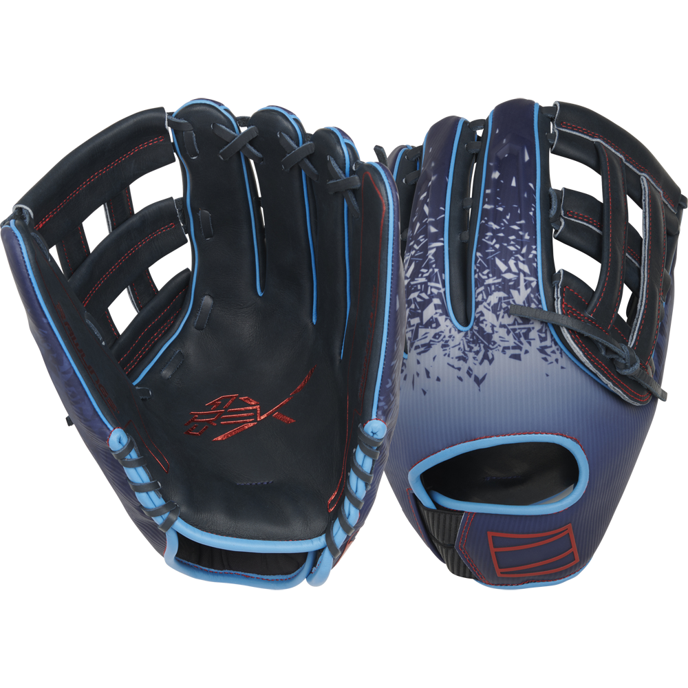 Two Rawlings REV1X 12.75" Baseball Gloves (model RREV3039-6N) are shown palm up and down. These gloves feature navy blue with light blue, red, and white gradient accents, open webbing, and a distinctive back design.