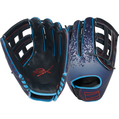 Two Rawlings REV1X 12.75" Baseball Gloves (model RREV3039-6N) are shown palm up and down. These gloves feature navy blue with light blue, red, and white gradient accents, open webbing, and a distinctive back design.