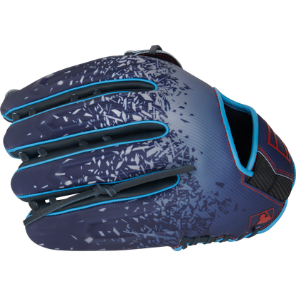 The Rawlings REV1X 12.75" Baseball Glove (RREV3039-6N) features a navy blue design with light blue trim, red accents, a shattered glass pattern on the back, MLB logo near the wrist, and a modern 12.75-inch size.
