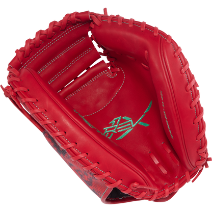 A vibrant red Rawlings REV1X 34″ Baseball Catcher’s Mitt (model REVCM43-23S) with noticeable stitching and lacing, highlighted by a green embroidered Rawlings logo on the inside palm area.