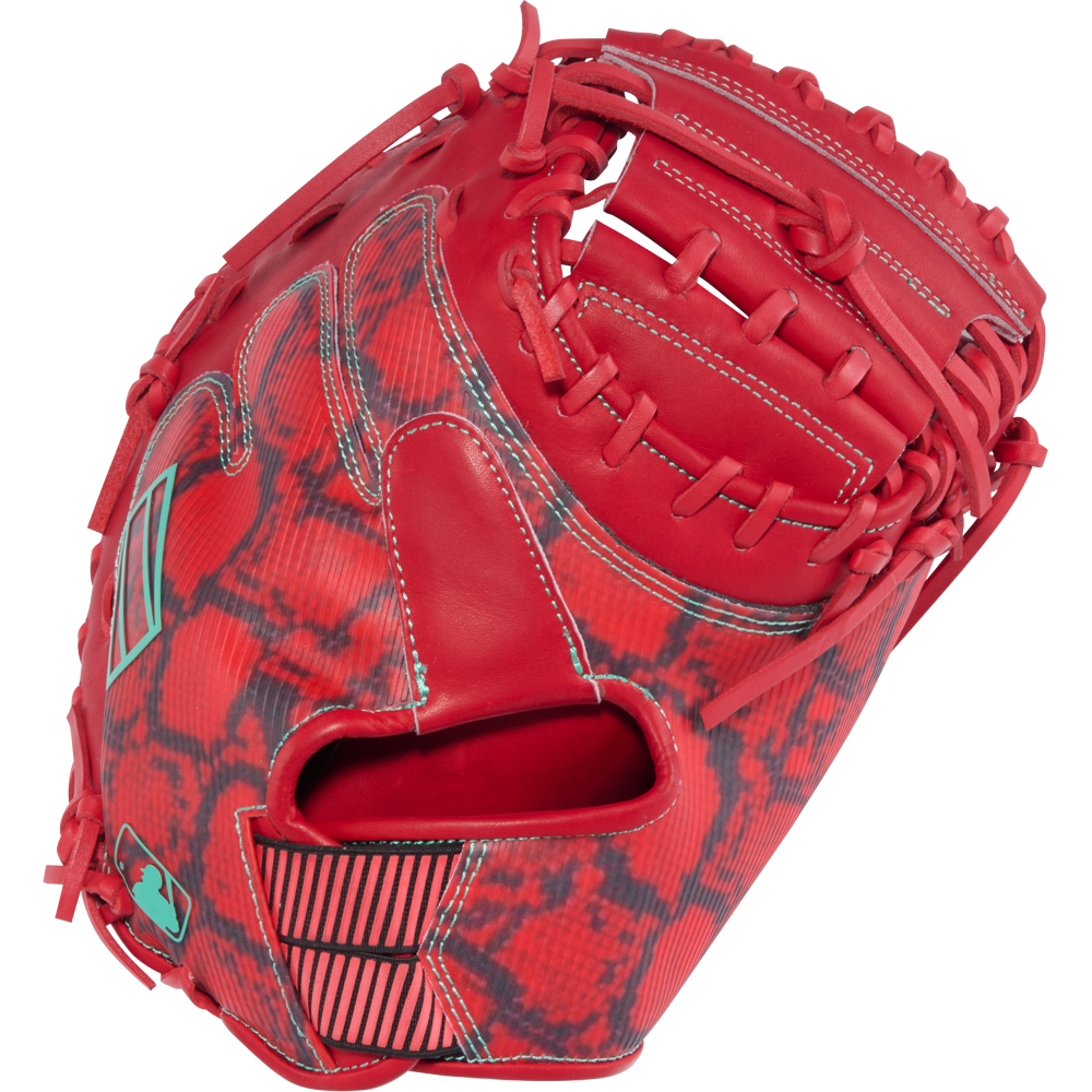 Certainly! Here’s a rewritten version of the sentence using your product data: The Rawlings REV1X 34″ Baseball Catcher’s Mitt (REVCM43-23S) showcases a striking red color with a textured, snakeskin-like pattern, complemented by teal accents and white stitching. Built for optimal performance behind the plate, this mitt from Rawlings features sturdy laces and an open web design.