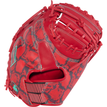 Certainly! Here’s a rewritten version of the sentence using your product data: The Rawlings REV1X 34″ Baseball Catcher’s Mitt (REVCM43-23S) showcases a striking red color with a textured, snakeskin-like pattern, complemented by teal accents and white stitching. Built for optimal performance behind the plate, this mitt from Rawlings features sturdy laces and an open web design.