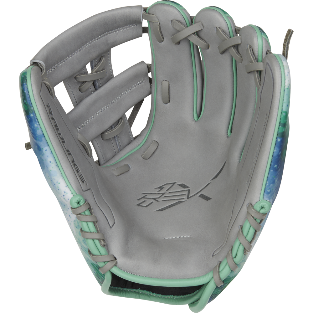 A Rawlings REV1X 11.5" Francisco Lindor GM Baseball Glove (RREVFL12G) is displayed on a white background, highlighting Rawlings’ innovative 3D-printed glove technology.