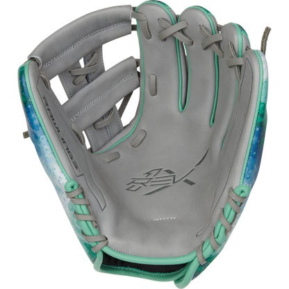 A Rawlings REV1X 11.5" Francisco Lindor GM Baseball Glove (RREVFL12G) is displayed on a white background, highlighting Rawlings’ innovative 3D-printed glove technology.