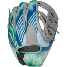 The Rawlings REV1X 11.5" Francisco Lindor GM Baseball Glove (RREVFL12G) features a blue, teal, and white abstract design with gray webbing and green trim, shown upright with the palm facing away.