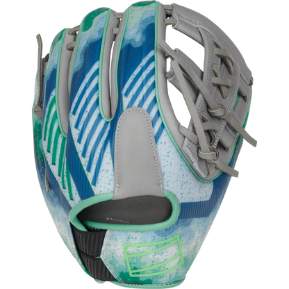 The Rawlings REV1X 11.5" Francisco Lindor GM Baseball Glove (RREVFL12G) features a blue, teal, and white abstract design with gray webbing and green trim, shown upright with the palm facing away.