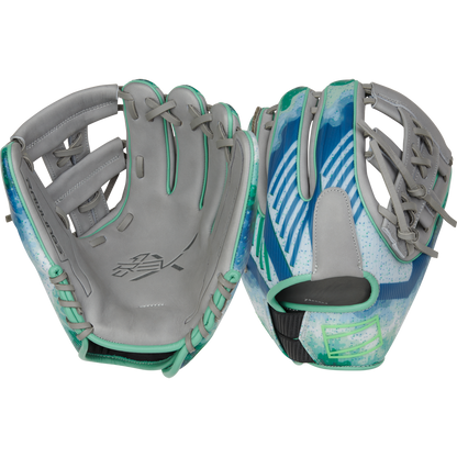 Two Rawlings REV1X 11.5" Francisco Lindor GM gloves are shown—one palm up, one showing the back—highlighting a sporty gray look with teal and blue accents, green laces, and a distinctive 3D-printed pattern.