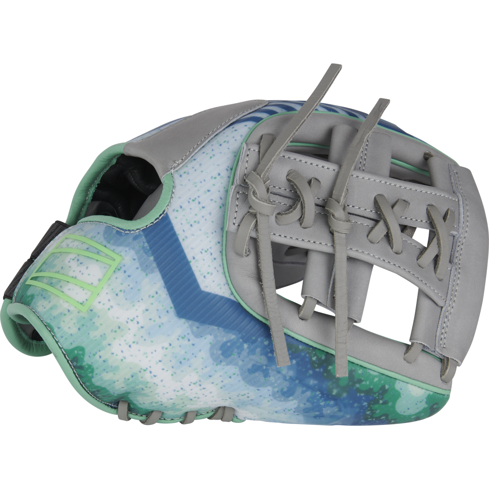 The Rawlings REV1X 11.5" Francisco Lindor GM Baseball Glove (RREVFL12G) features a vibrant blue, green, and white design with gray leather accents, teal stitching, an open web, and decorative laces inspired by Lindor’s style.