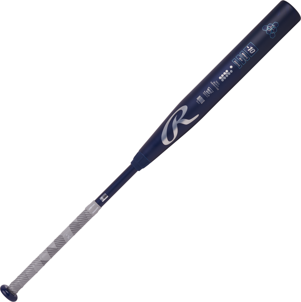 A 2025 Rawlings Mantra (-10) Fastpitch Softball Bat (RFP4M10 DEMO) by Rawlings is shown in blue with a white and gray patterned grip, branding and specs on the barrel, all set against a plain white background.