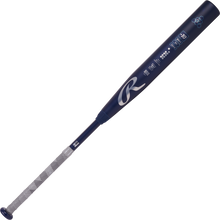 A 2025 Rawlings Mantra (-10) Fastpitch Softball Bat (RFP4M10 DEMO) by Rawlings is shown in blue with a white and gray patterned grip, branding and specs on the barrel, all set against a plain white background.