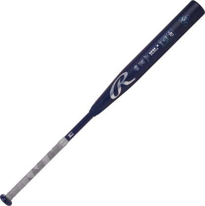A 2025 Rawlings Mantra (-10) Fastpitch Softball Bat (RFP4M10 DEMO) by Rawlings is shown in blue with a white and gray patterned grip, branding and specs on the barrel, all set against a plain white background.