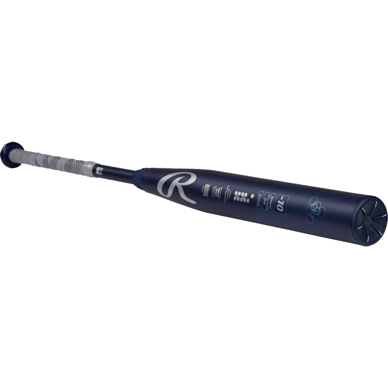 A 2025 Rawlings Mantra (-10) Fastpitch Softball Bat (RFP4M10, DEMO) in dark blue with silver graphics and a textured grip handle is shown angled on a white background, displaying Rawlings branding and specs.