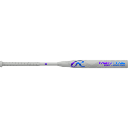The 2025 Rawlings Mantra Reverse (-10) Fastpitch Softball Bat (RFP5MR10) features a white design, wrapped grip, purple and blue branding by the barrel, and advanced Three-Step Technology for enhanced performance.