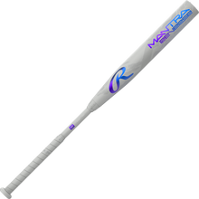 The 2025 Rawlings Mantra Reverse (-10) fastpitch softball bat features a white and gray design with blue and purple accents, bold MANTRA lettering, Three-Step Technology, a stylized R logo on the barrel, and a wrapped grip handle.