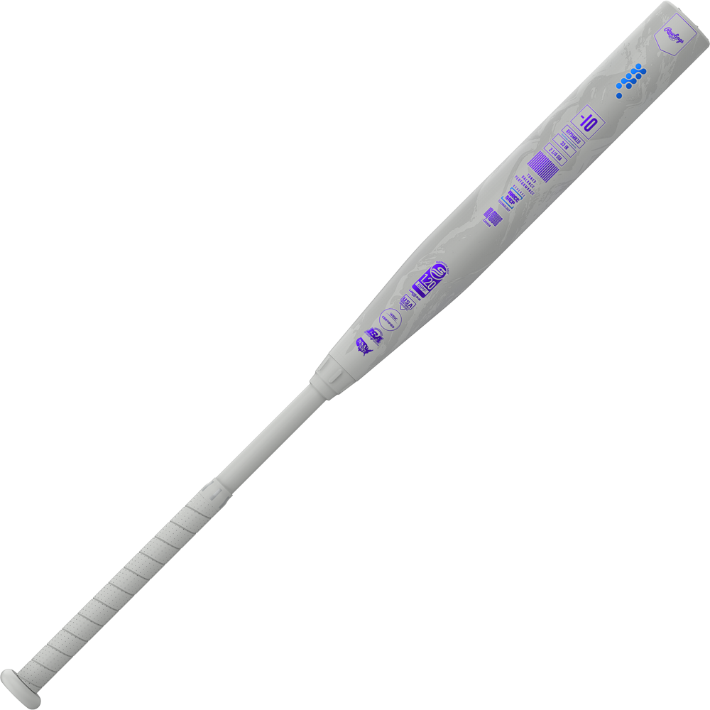 The 2025 Rawlings Mantra Reverse (-10) Fastpitch Softball Bat (RFP5MR10) is gray and white with purple accents, a white grip, barrel specs, and Three-Step Technology from the Rawlings Mantra Reverse line.