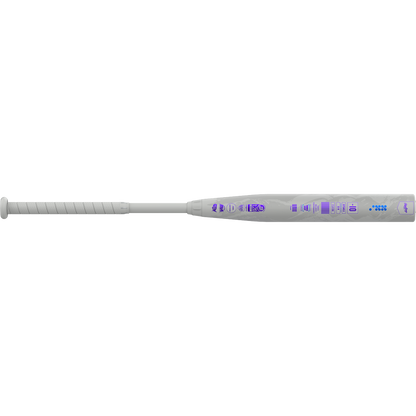 The 2025 Rawlings Mantra Reverse (-10) Fastpitch Softball Bat (RFP5MR10) features a sleek white design with illuminated purple icons on the barrel, a white grip, and modern style inspired by innovation from Rawlings.