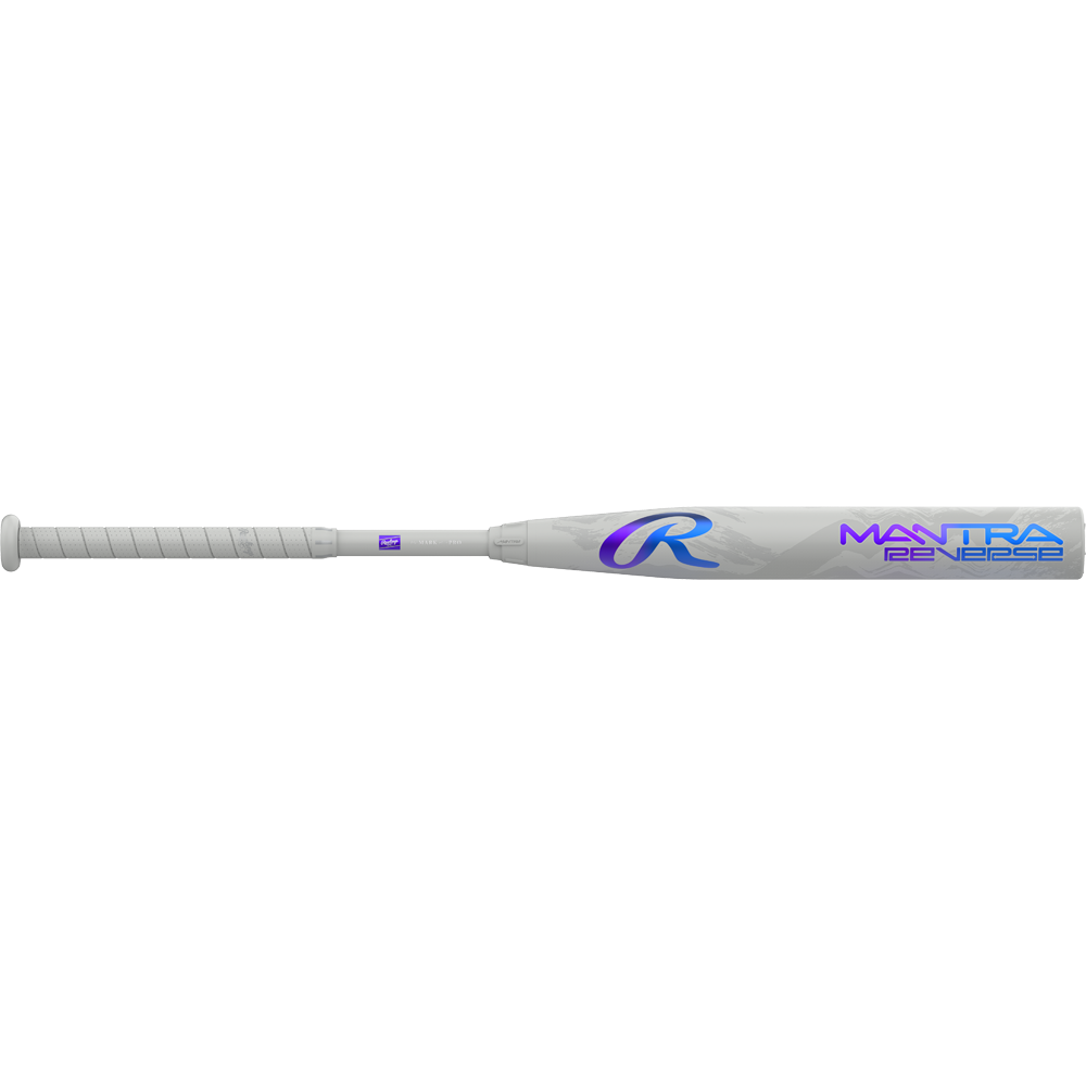 The 2025 Rawlings Mantra Reverse (-11) Fastpitch Softball Bat (RFP5MR11) features a white and silver design, wrapped grip, blue and purple “MANTRA GEN3 BASE” text, and a large “R” logo on the barrel.