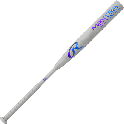 The 2025 Rawlings Mantra Reverse (-11) Fastpitch Softball Bat (RFP5MR11) features a white design with gray grip, blue and purple accents, MANTRA 2.0 graphics, and a stylized R logo—ideal for serious fastpitch players.