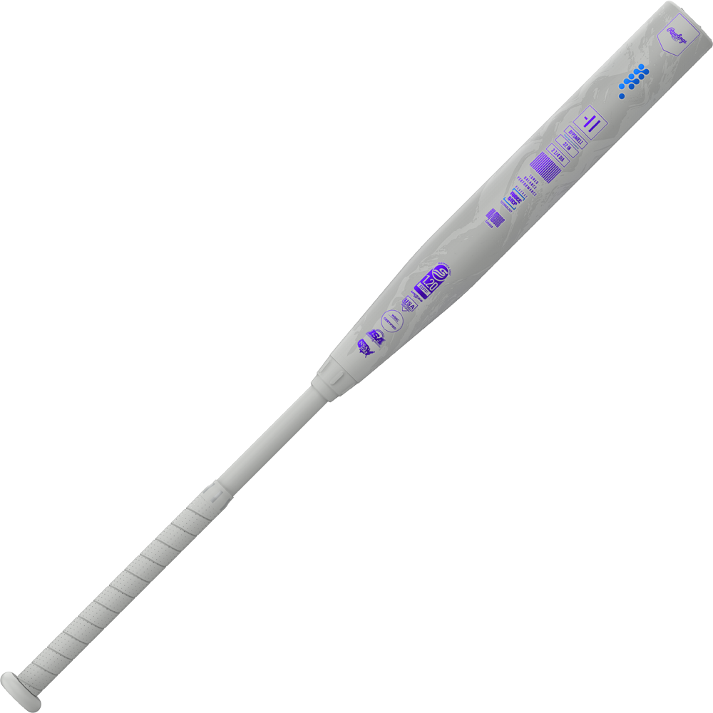 The 2025 Rawlings Mantra Reverse (-11) Fastpitch Softball Bat (RFP5MR11) features a white barrel with purple text and graphics, wrapped grip, and is shown on a white background.