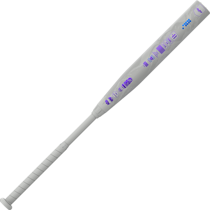 The 2025 Rawlings Mantra Reverse (-11) Fastpitch Softball Bat (RFP5MR11) features a white barrel with purple text and graphics, wrapped grip, and is shown on a white background.
