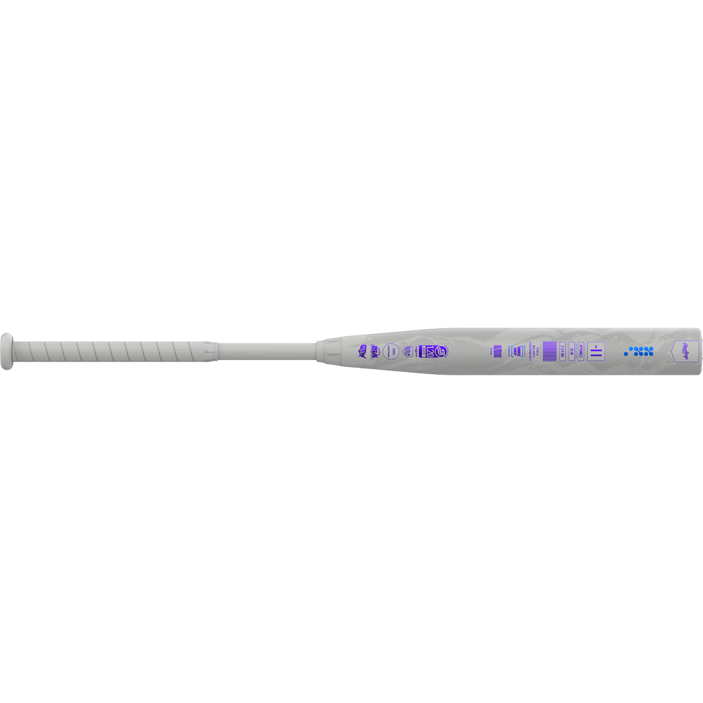A 2025 Rawlings Mantra Reverse (-11) Fastpitch Softball Bat (RFP5MR11), featuring a white design with purple LED indicator lights and control buttons along the barrel, is shown against a plain white background.