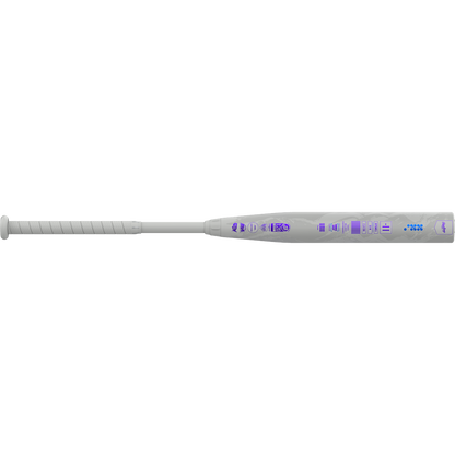 A 2025 Rawlings Mantra Reverse (-11) Fastpitch Softball Bat (RFP5MR11), featuring a white design with purple LED indicator lights and control buttons along the barrel, is shown against a plain white background.